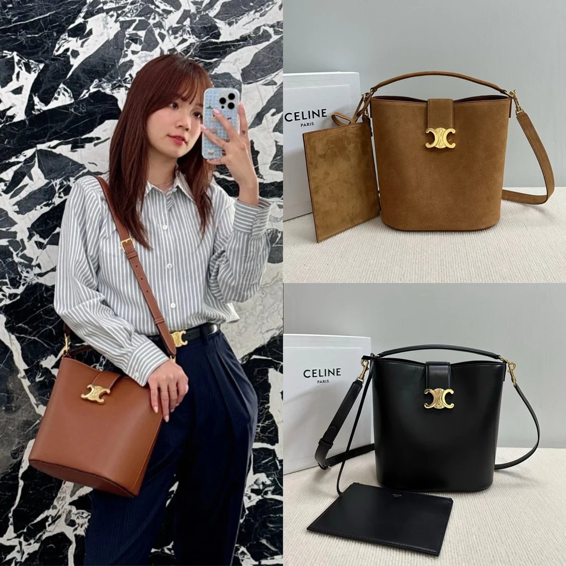 Celine women's bag Top version 【Highest Version Original Leather】24S New Louise Bucket Bag Medium28cm Arc De Triomphe Portable Bucket Bag Commuter Bag Handbag Women's Bag Shoulder Messenger Bag Matching Wallet Coin Pocket116613