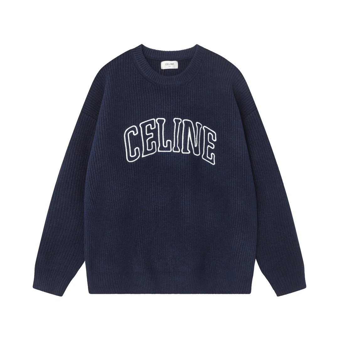 Celine Sweater Letter Embroidery Round Neck Pullover Drop Shoulder Long Sleeve Round Neck Sweater Thickened Lazy Style OS Loose Fit Unisex Knit Top Jacket Versatile Casual Wearable Inside and Outside