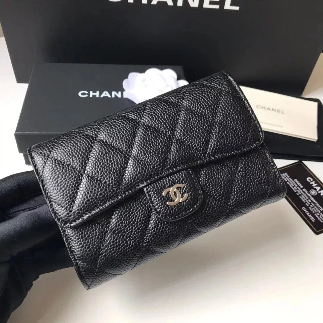 Chanel Wallet Top version 【Original Genuine Goods Leather】Women's Wallet Medium Three-Fold Wallet Caviar Cowhide Original Sheepskin Women's Wallet Card Holder Coin Purse Model Number A84341