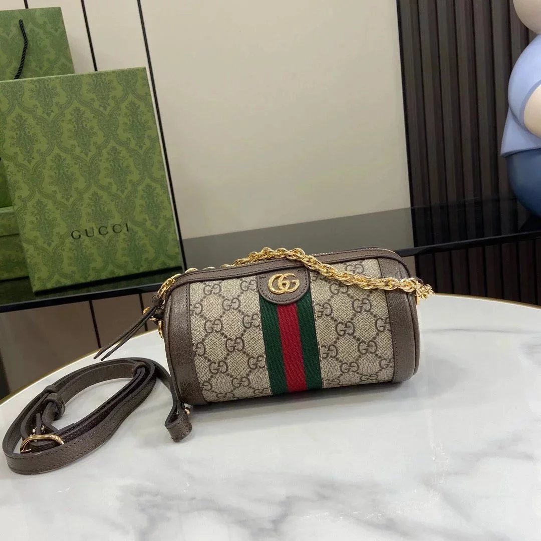 Gucci Women's Bag Top version 【Original Leather】2024New Ophidia Series Mini round Bag Italian Original Leather Shoulder Messenger Bag Chain Portable Women's Bag795208