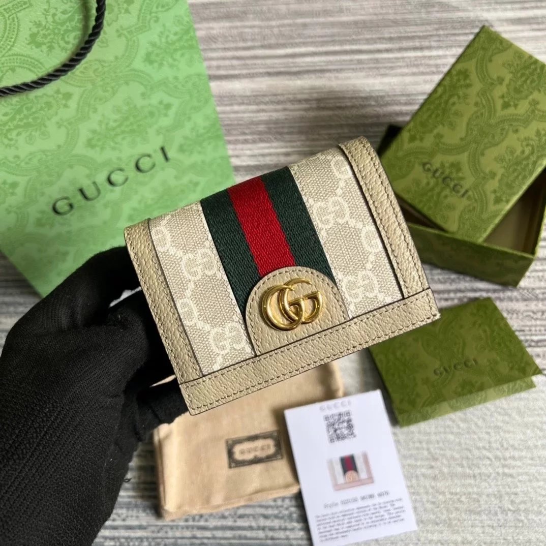 Gucci Wallet Top version Ophidia Series Small Card Holder Wallet Women's Short Wallet Card Clamp Short Wallet Women's Wallet Uses Advanced Artificial Canvas with Iconic Patterns and Stripe Braid