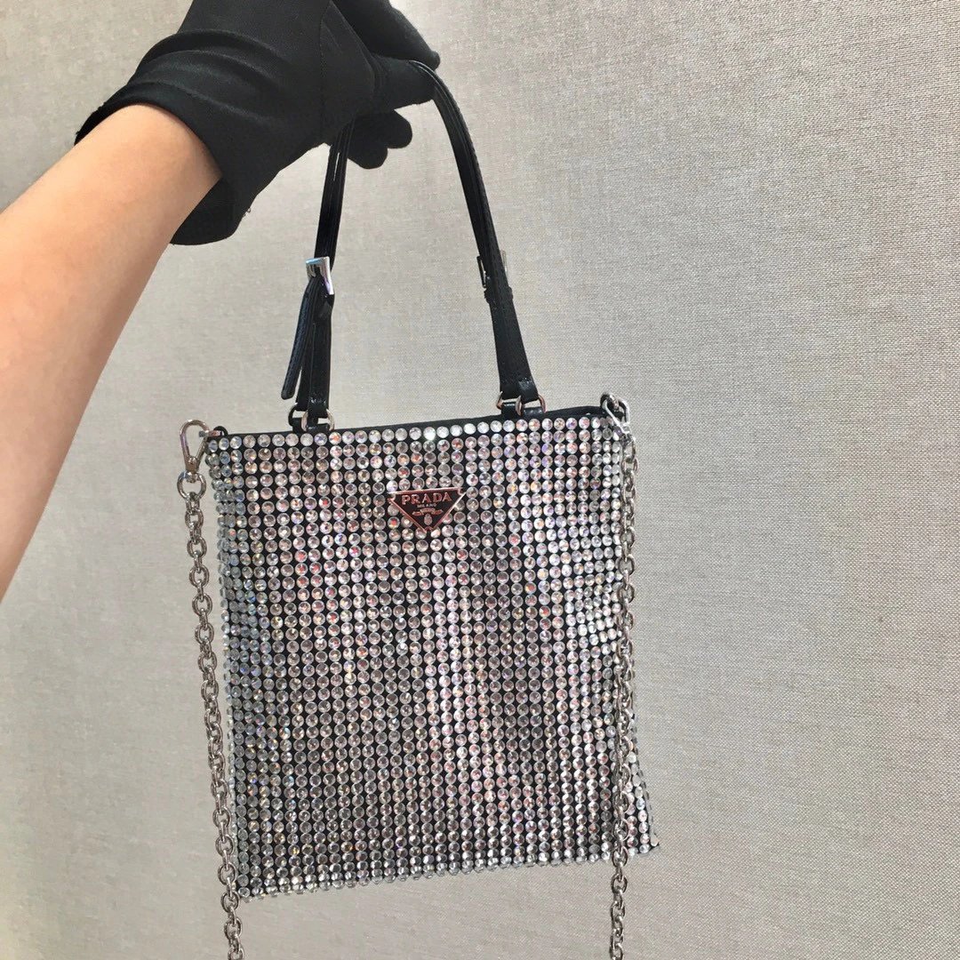 PRADA Bag Top version Popular Rhinestone Full Diamond Decorative Nylon Chain Bag Handbag Handbag Hand Bag Shoulder Bag Messenger Bag Women's Bag Black for Women Silver1N6608