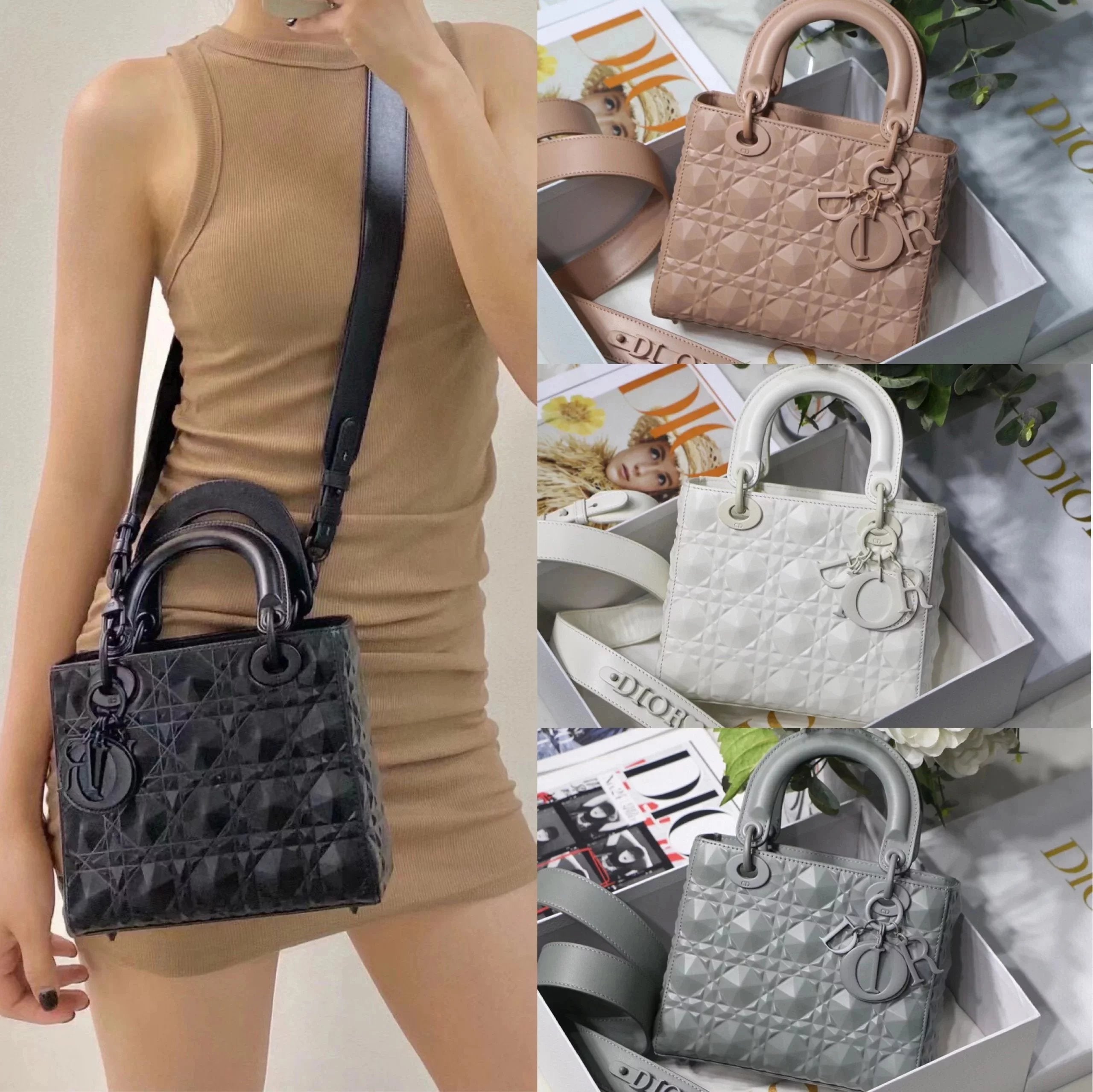 Dior Women's Bag Top version Original Leather2022Spring and Summer New Diamond-Shaped Rattan Plaid Diana Bag3Three Grids MiniLady Three Grids17cm Four Grids20cm Diamond Pattern New Diamond Rattan Plaid Women's Cow Leather Bag