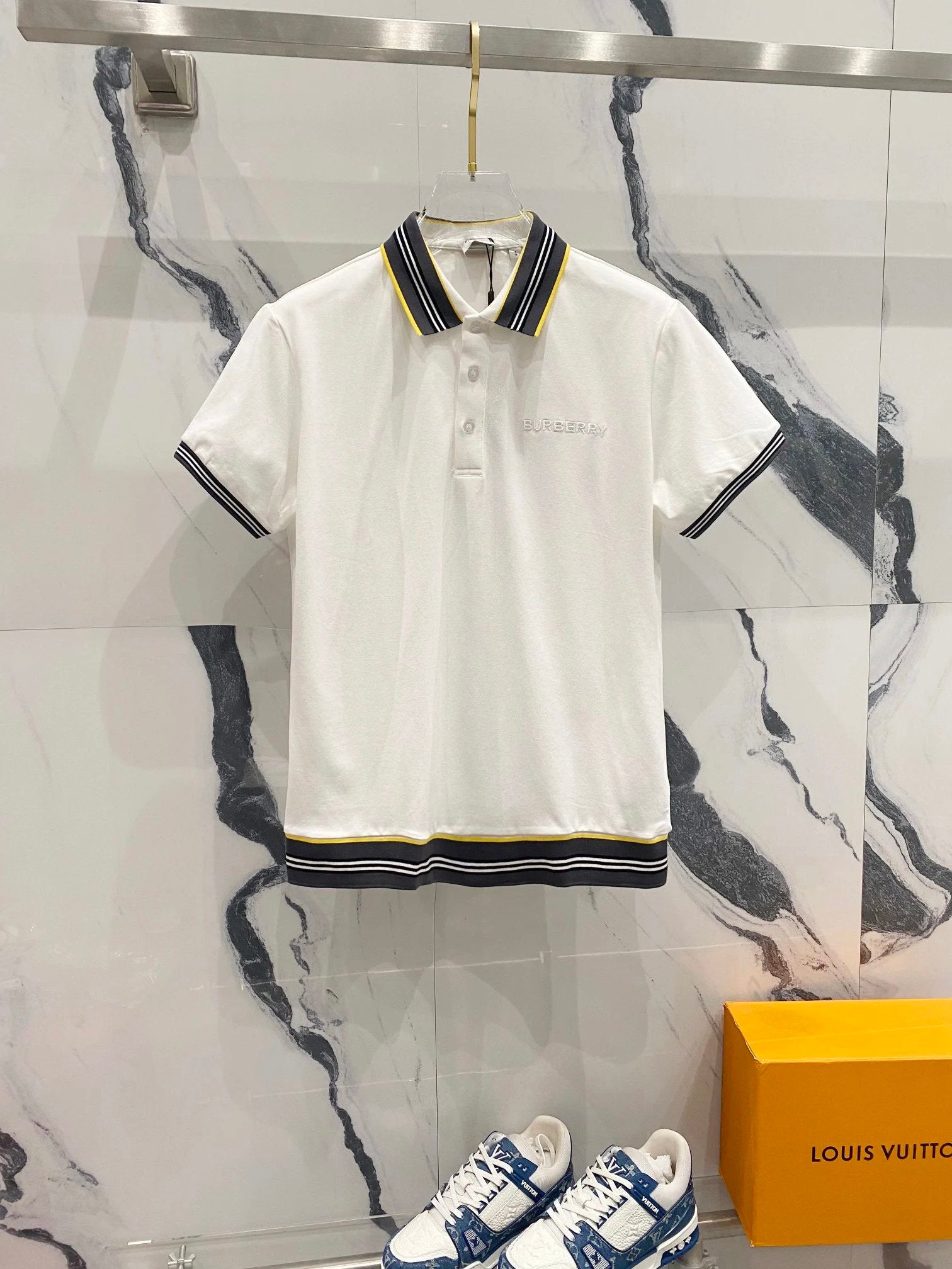 Burberry T-shirt Embroidered Small Letters LOGO Striped Stitching POLO Short Sleeve Shirt with Turn-down Collar for Men and Women, Summer Half Sleeve OS Loose T Business Casual Half Sleeve Shirt Plus Size T-Shirt
