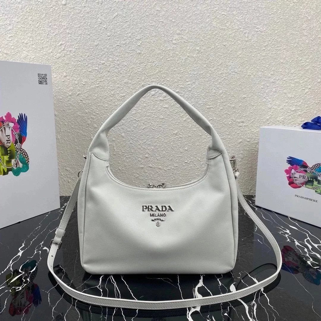 PRADA Bag Top version 2020Autumn and Winter New Hobo Series Retro Style Full Leather Messenger Bag Shoulder Bag Underarm Bag Handbag Women's Bag Women's Bag1BC132