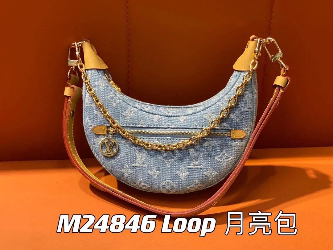 Louis Vuitton LV Women's Bag Top version 【New Product Launch】2024New Light Blue Denim Denim Loop Moon Bag Women's Underarm Bag Transcoding Chip Version Moon Bag Shoulder Messenger Bag Portable Women's Bag Denim Denim Selenodont Bag Hobos New Jean Bag M248