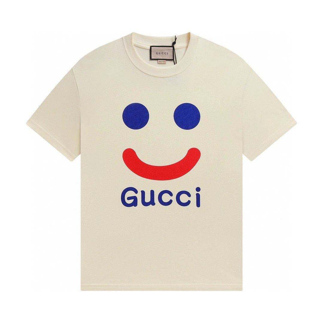 Gucci T-shirt Smiley Face Print on the Chest logo round Neck Short Sleeve25ss New Pure Cotton Unisex Style T T-shirt OS Loose Fit Base Shirt Top Half Sleeve T-Shirt