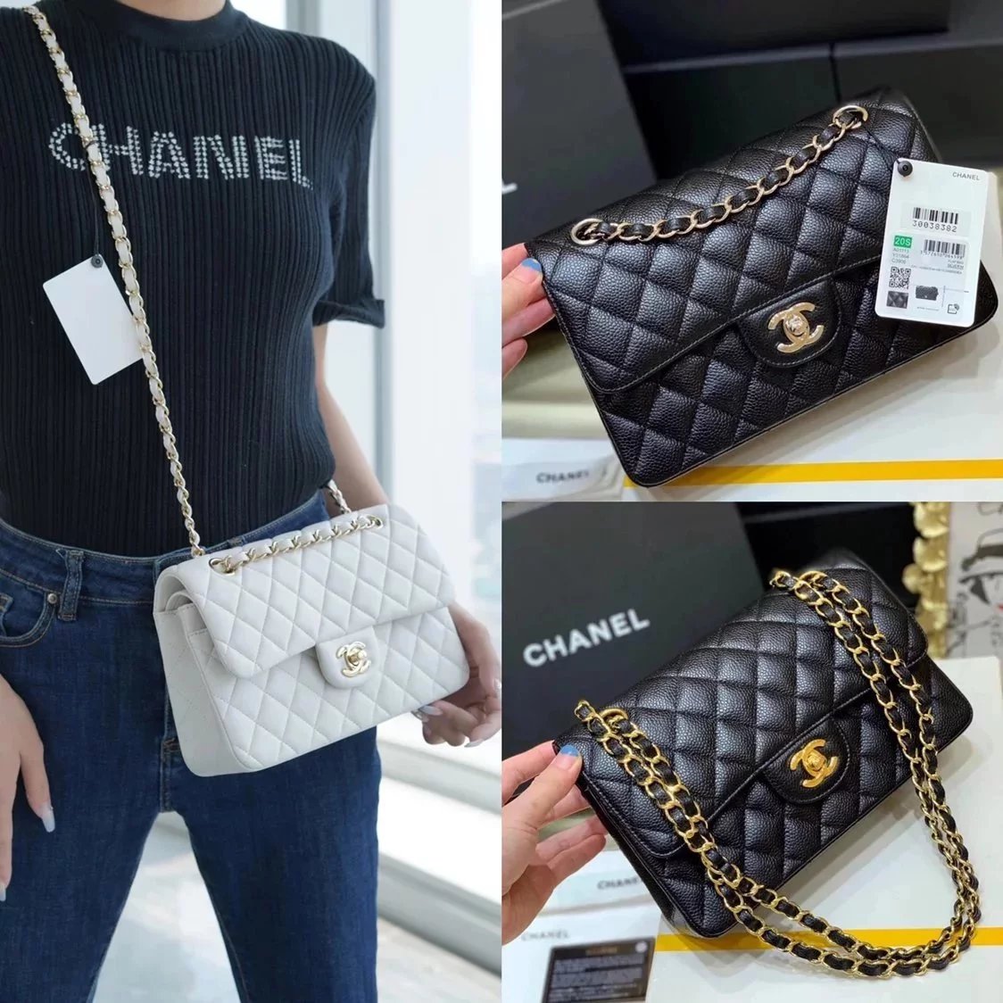 Chanel Women's Bag Top version 【Genuine Goods Leather】CF Original Caviar Ball Grain Cowhide Particles Full Classic CF Small Size23cm Black Gold Black Silver CF Flap Bag Pairs Clog Original Sheepskin Mouth Cover Chain Bag1117CF23cm