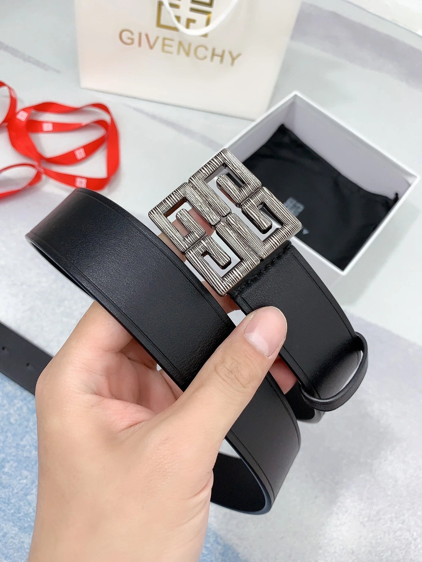 Givenchy Belt Top version Original Order Men's Leather Belt Belt Original Order Real Cowhide4G Buckle Belt Smooth Buckle Pants Belt Men's and Women's Business Casual Belt Belt Men's High-End Belt3.5Belt