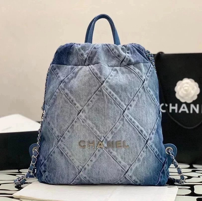 Chanel Women's Bag Top version 【Super Original】23P New22bag Denim Garbage Bag22Handbag New Denim Denim Backpack22bag Gradient Color Denim Shopping Bag Tote Bag Shoulder Bag Hand-Carrying Bag