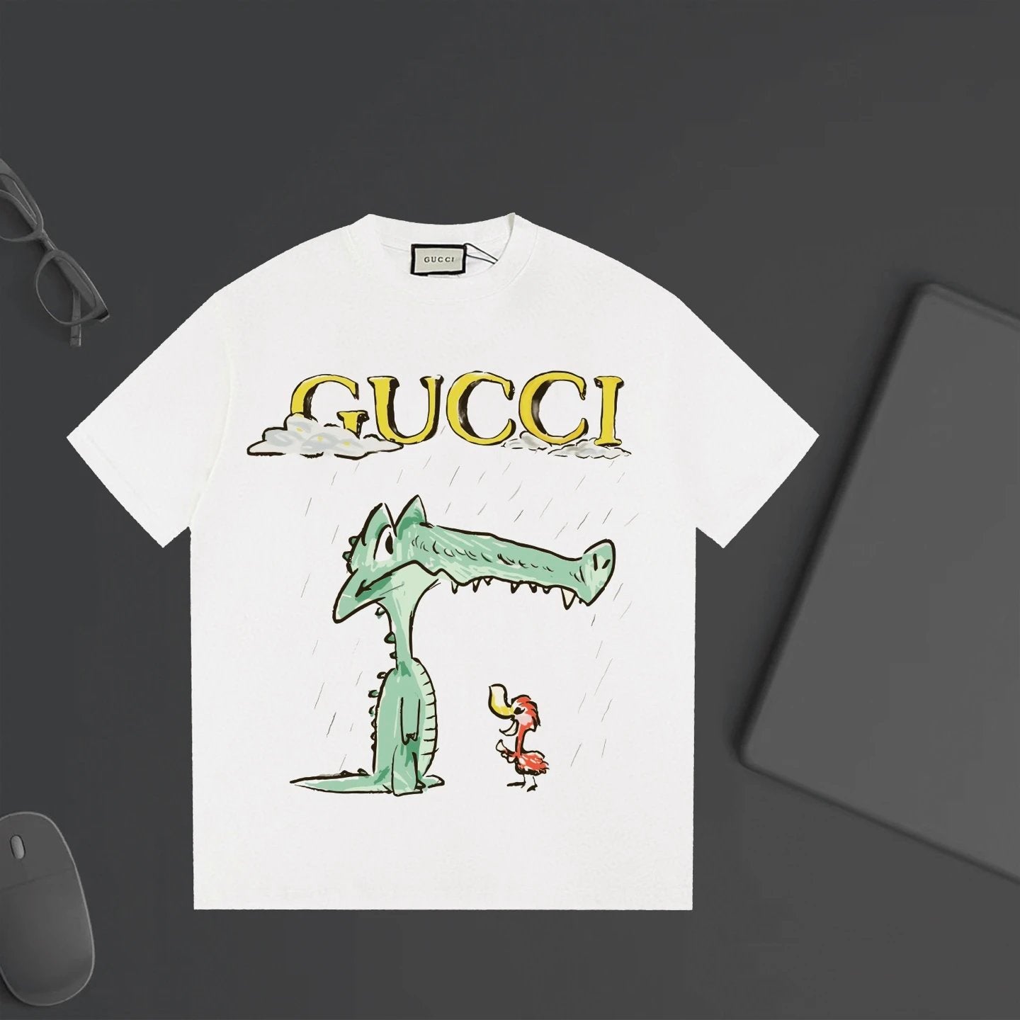 Gucci T-shirt Cartoon Crocodile Print on the Chest logo round Neck Short Sleeve25ss New pure cotton T Unisex T-Shirt OS Drop Shoulder Loose Fit Base Shirt Top T-Shirt Short Sleeve
