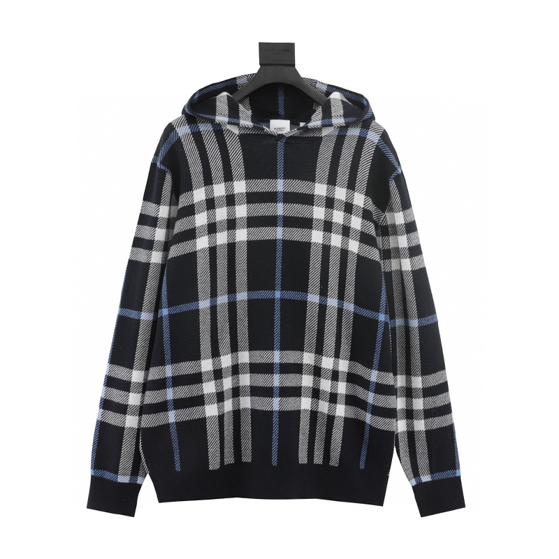 Burberry Sweater Blue Large Plaid Knitted Hoodie for Men and Women