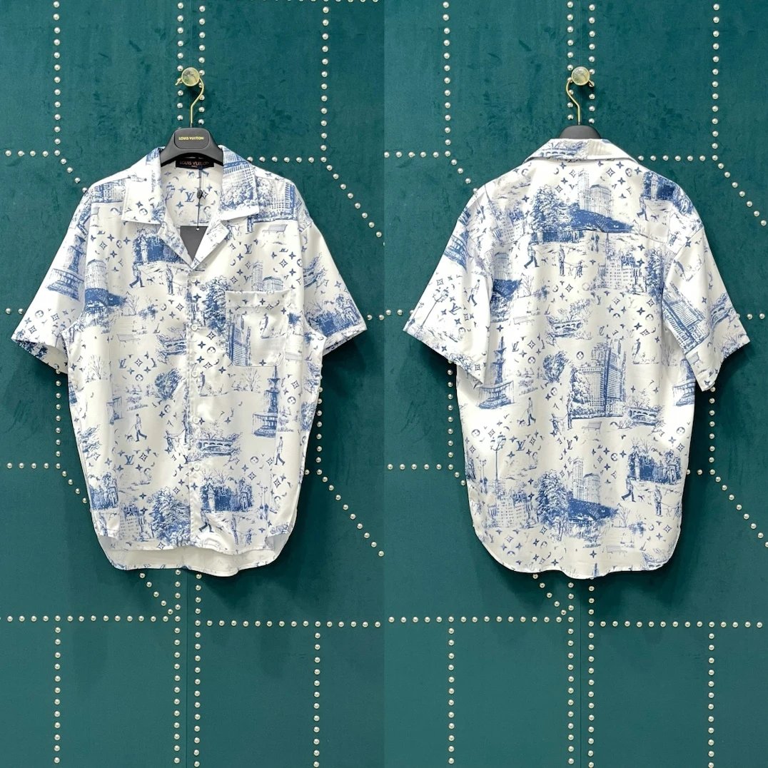 Louis Vuitton LV Shirt Full-body Street Stroll Print logo Shijia Turn-down Collar Short Sleeve Shirt Casual Business Versatile Slim Fit Unisex Jacket