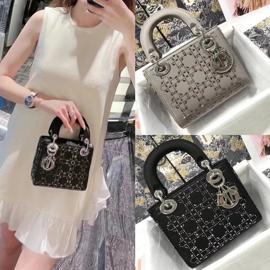 Dior Women's Bag Top version 【Original Order】2022New Women's Bag Double-Sided Rhinestone Women's Bag Three-Grid Five-Grid Shoulder Crossbody Portable Socialite Internet Celebrity Chain Small Square Bag Silk Satin Diana Bag