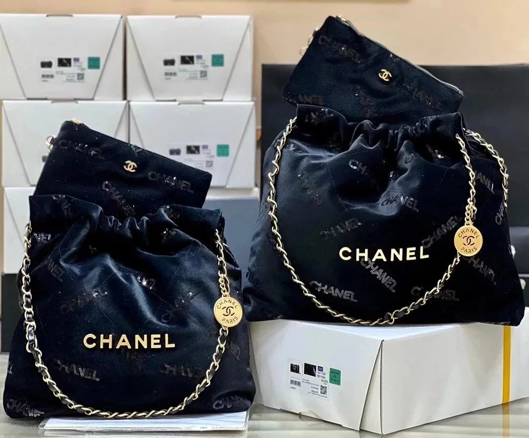 Chanel Women's Bag Top version 【Original Leather】Autumn and Winter New22BAG Limited Edition Velvet Sequined Shopping Bag Daling Black Plaid Alphabet Sequins logo Black22Handbag Velvet Garbage Bag22bag Velvet Mummy Bag Shopping Bag