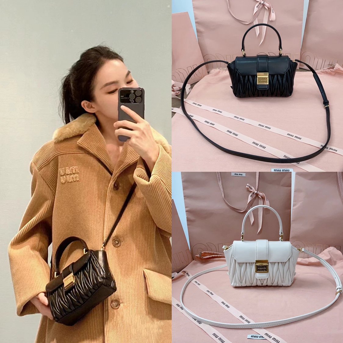 Miu Miu Bag Top version In Stock Original Leather Grade Surrogate Shopping24SS New5BP083Imported Lambskin Classic Matelasse Gold Square Buckle round Bag Shoulder Crossbody Handbag Fashion Casual Women Bag5BP083