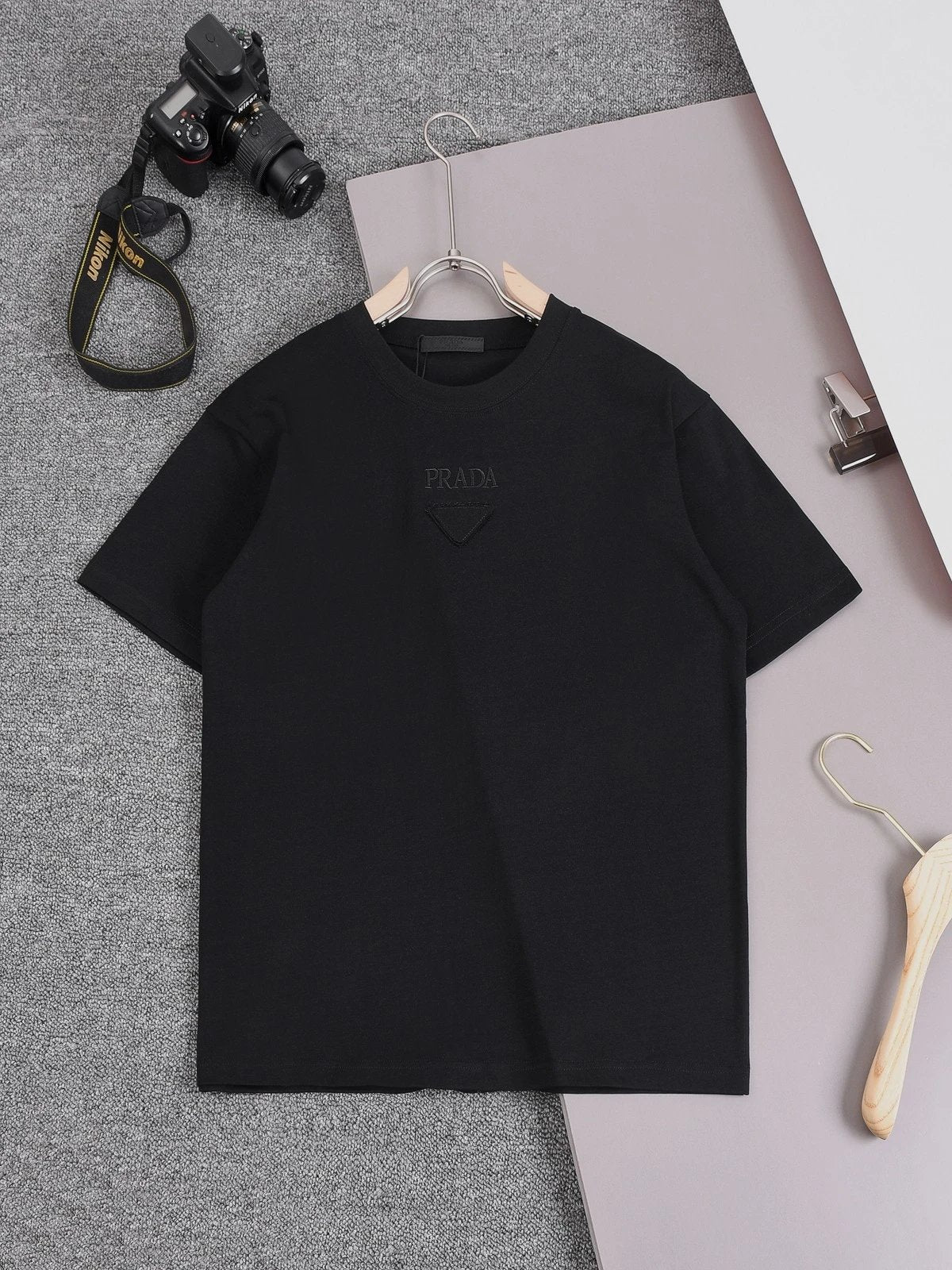 PRADA T-shirt Double-layer Triangle Patch on the Chest logo round Neck Short Sleeve25ss New Pure Cotton Unisex Style T Casual T-Shirt Base Layer Shirt OS Loose design