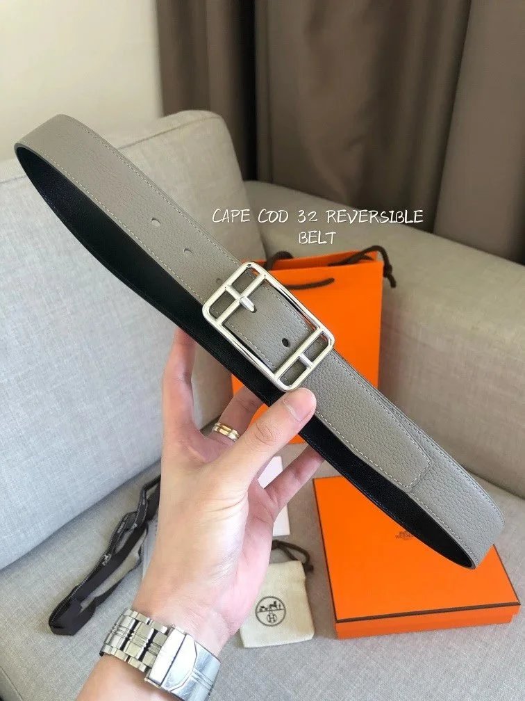 Hermes Belt Top version Men's Women's Belt Genuine Leather Double-Sided Belt Italy Imported First Layer Cowhide Leather Pure Original Leather Pure Steel Buckle h Home Unisex3.2cm Wide