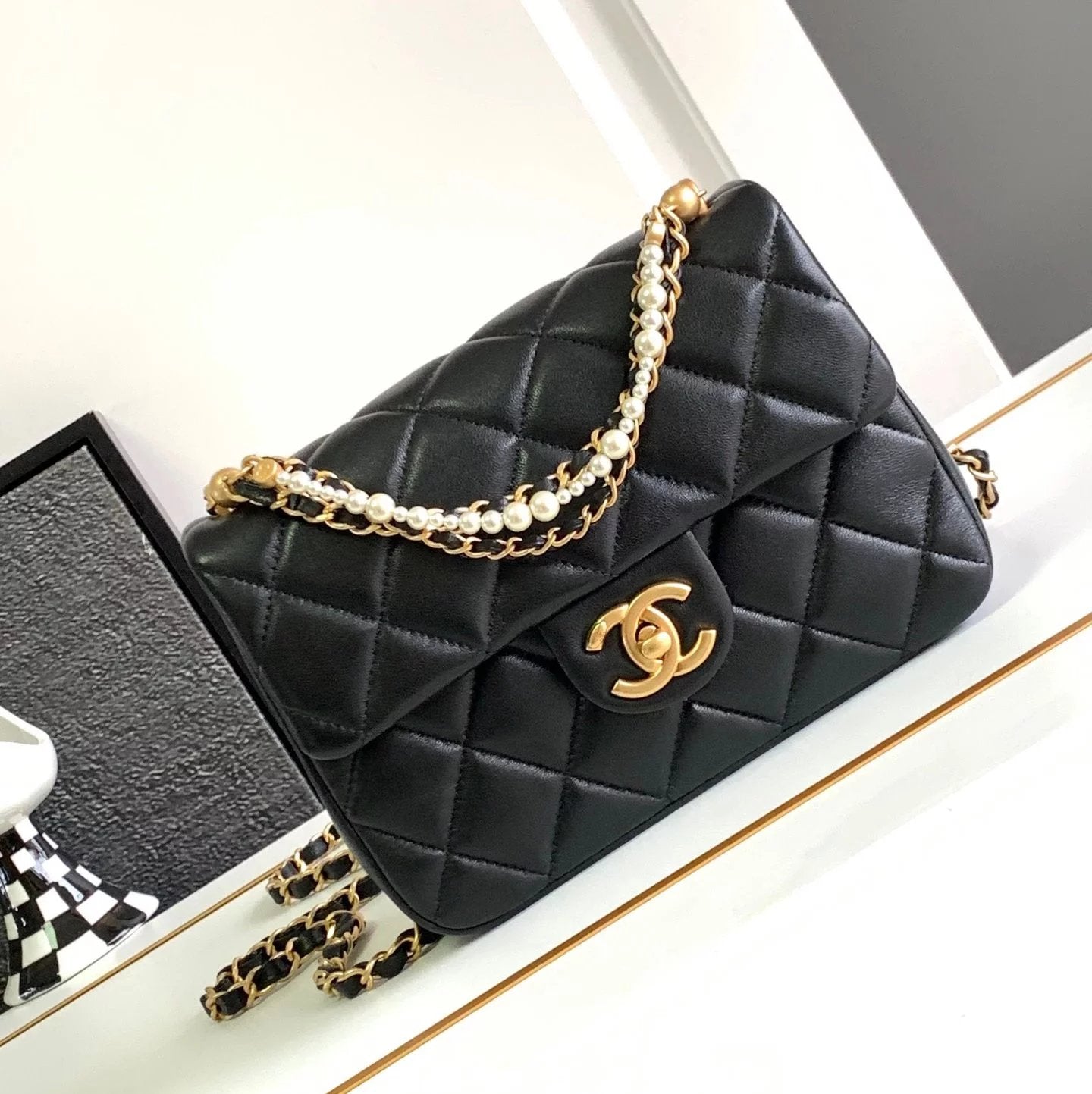 Chanel Women's Bag Top version 【Original Leather**】C Jia Nai Jia24P Early Spring New Pearl Flap Bag Pearl CF Square Fat Bag Genuine Leather Ladies Women's Bags Trendy Hot Sale Women's Bag Home Pearl Bag Pearl CF Package Pearl Chain Bag