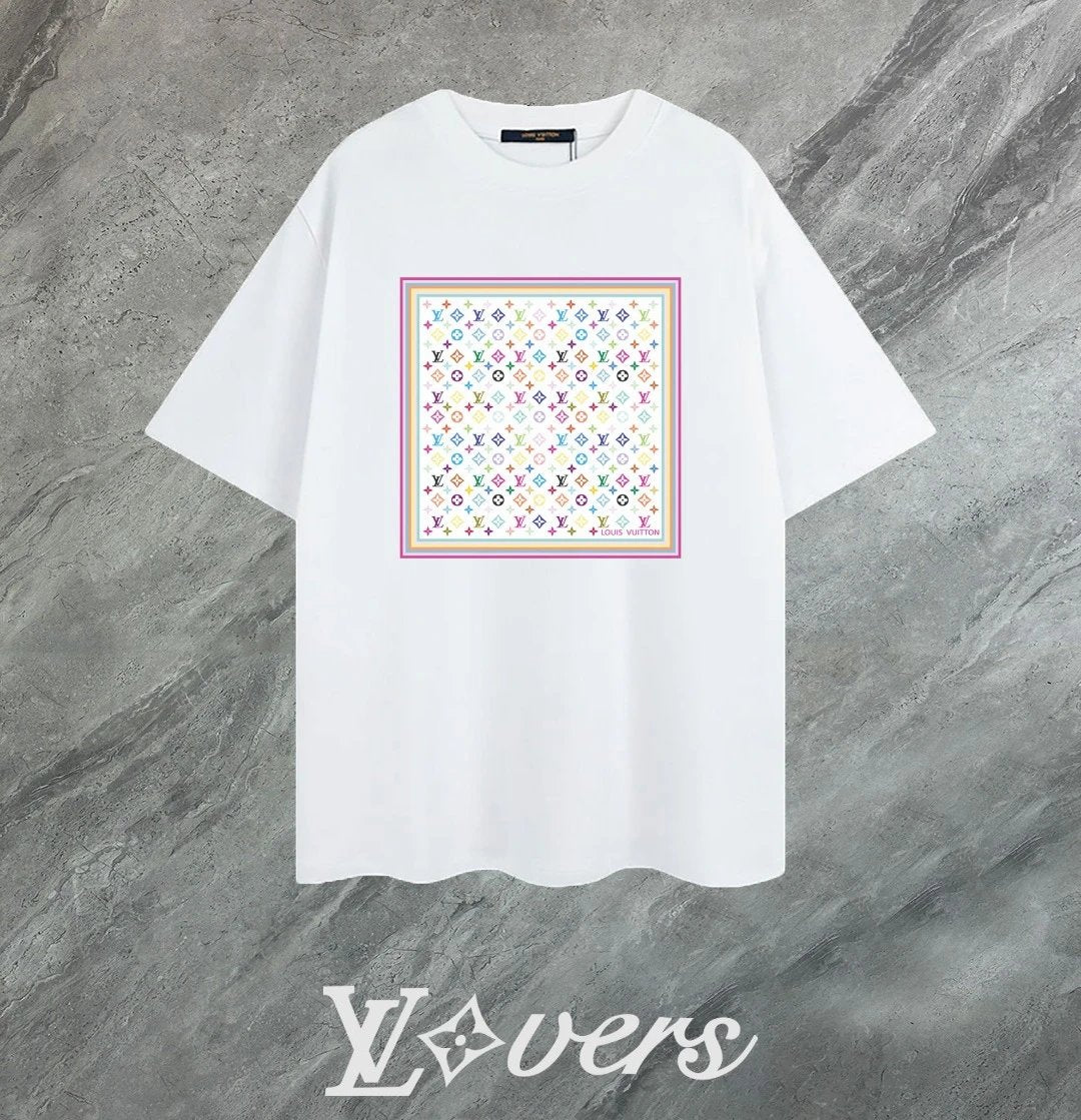 Louis Vuitton LV T-shirt Square Colorful Mesh Print on the Chest logo round Neck Short Sleeve25ss New pure cotton T Unisex T-Shirt OS Loose Fit Base Shirt Top Half Sleeve T-Shirt