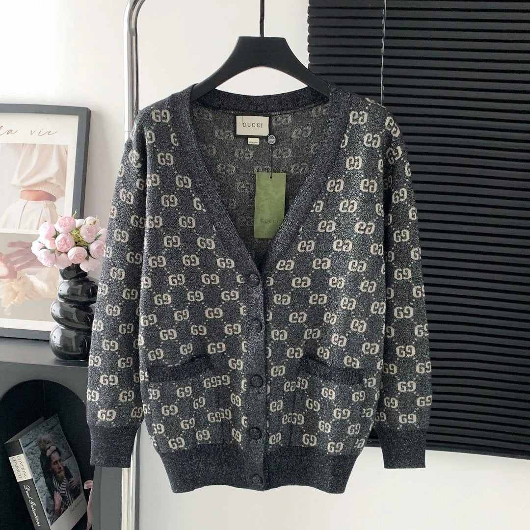 Gucci Sweater Silver Thread Double-Sided Jacquard V Cardigan Sweater25ss Spring New Men's and Women's Same Style Long Sleeve Soft Lazy Style Jacket OS Loose Fit Versatile Casual