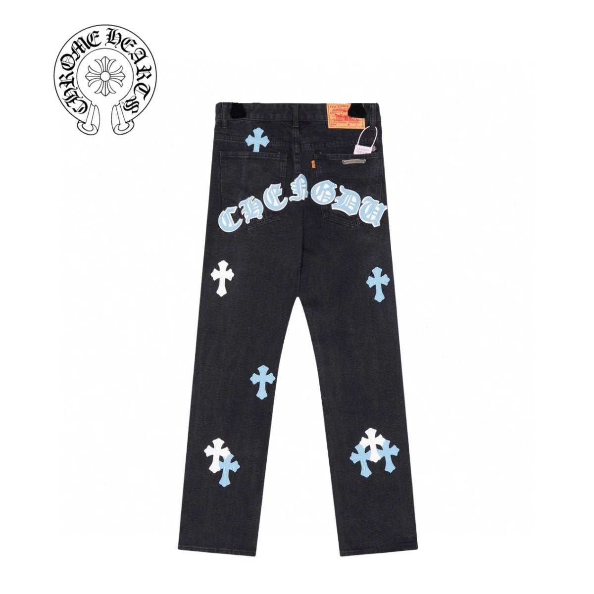 Chrome Hearts Jeans Black Pink Featured Letters and Cross Leather Patchwork logo25ss Spring Summer New Straight Loose Jeans Unisex Slim Fit Long Pants