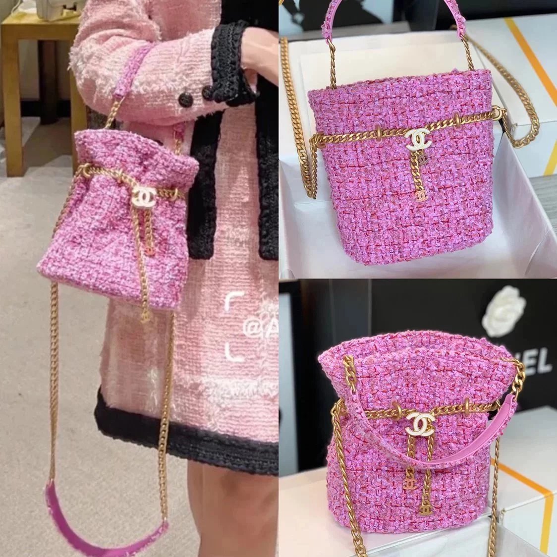 Chanel Women's Bag Top version 【High-End Version New】2022New Style Pink Woven Bucket Bag Lucky Bag Enamel Buckle Double C Handbag Coarse Woolen Handbag