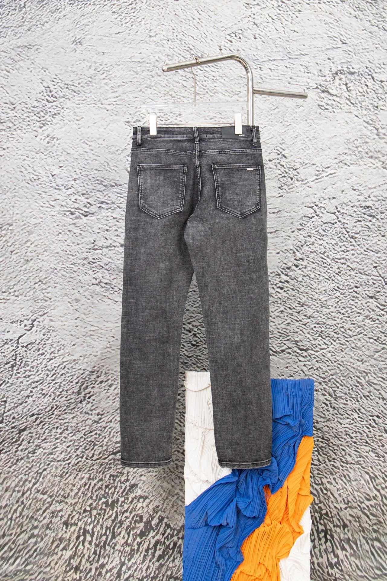 Amiri Jeans Large Hole Patchwork Leather Black Slim Fit Washed Rivet Straight Leg Washed Blue Jeans Autumn Winter New Unisex Loose Casual Wide Leg High Waist Pants