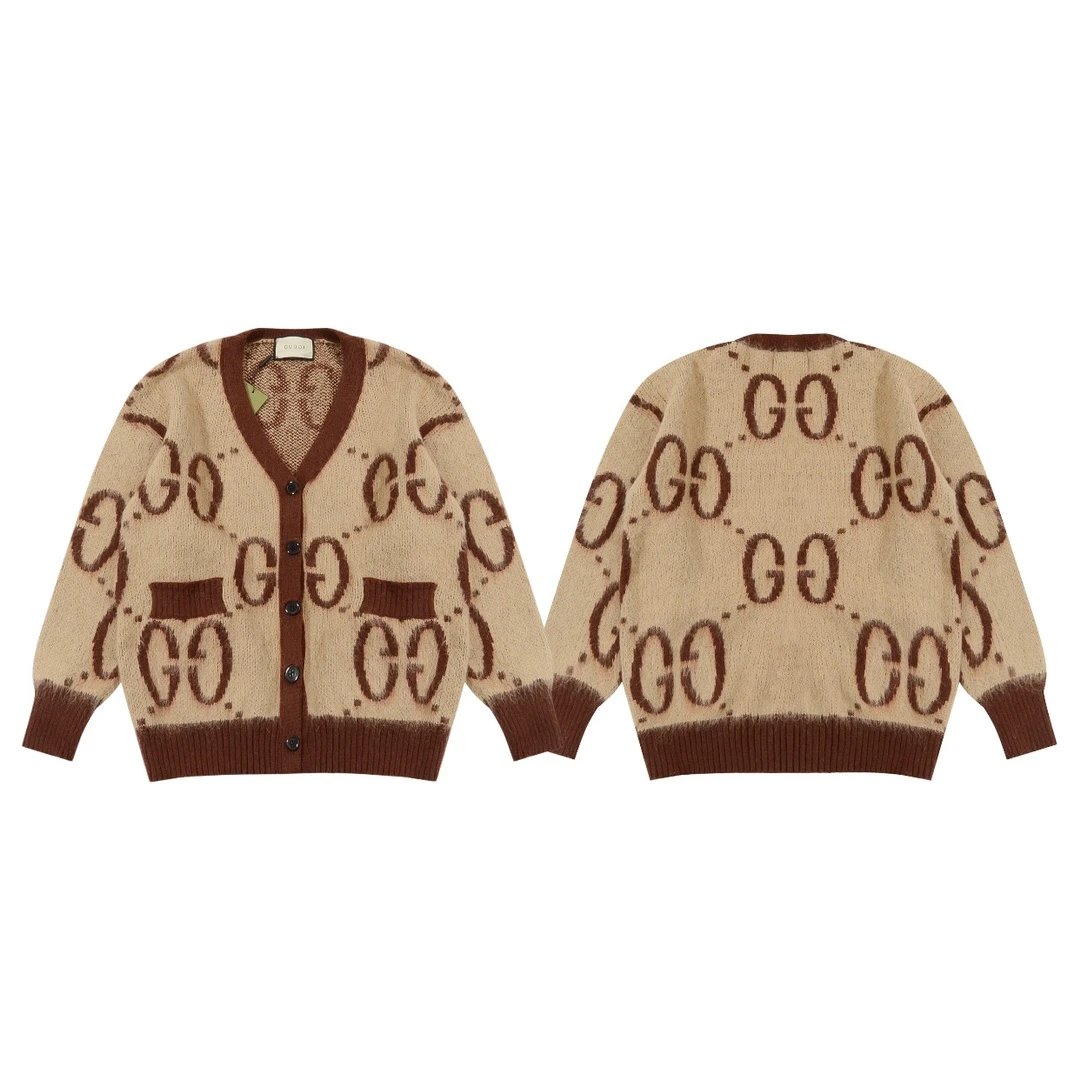 Gucci Sweater Classic Pair G Full Print Jacquard Khaki Couple Mohair Knit Cardigan Sweater Unisex Outerwear Long Sleeve Soft Lazy Style OS Loose Fit Thickened Jacket for Versatile Casual Wear
