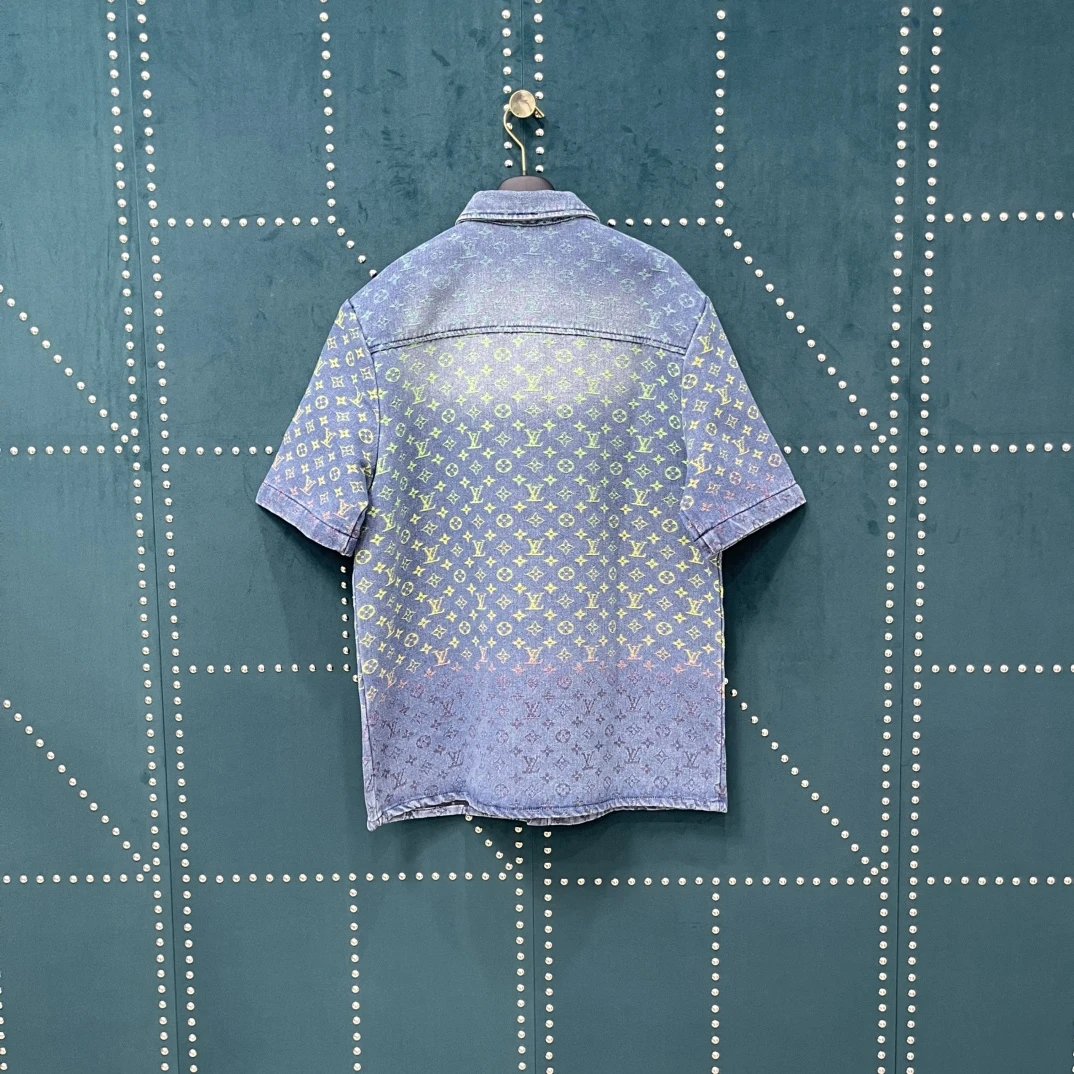 Louis Vuitton LV Shirt Gradient rainbow logo Shijia Turn-down Collar Short Sleeve Shirt Versatile Business Unisex Casual Slim Fit Jacket