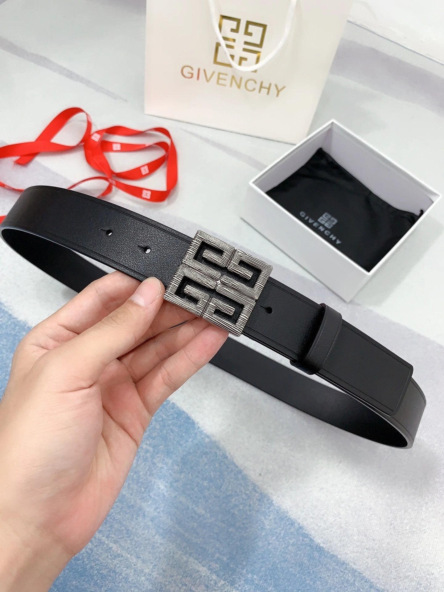 Givenchy Belt Top version Original Order Men's Leather Belt Belt Original Order Real Cowhide4G Buckle Belt Smooth Buckle Pants Belt Men's and Women's Business Casual Belt Belt Men's High-End Belt3.5Belt