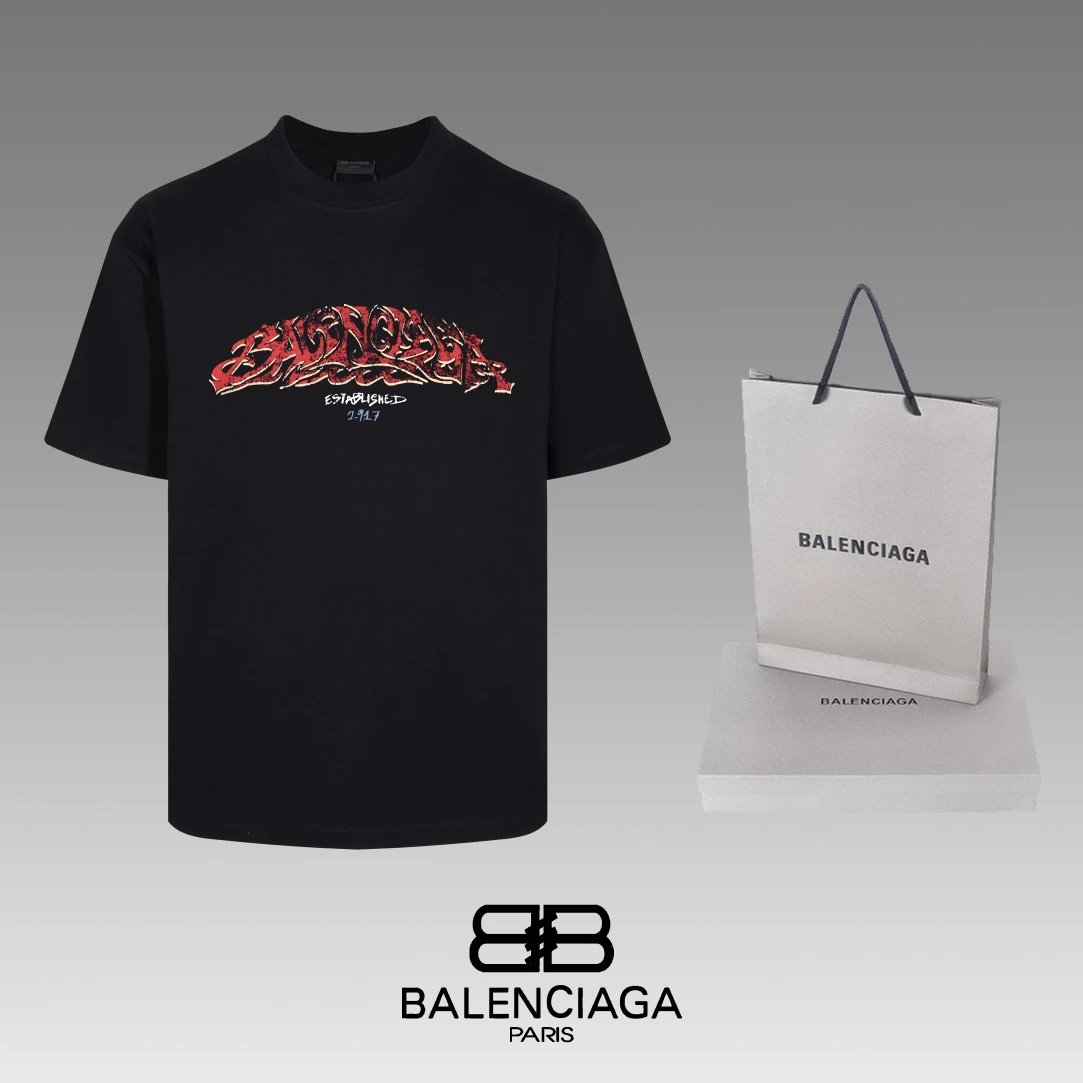 Balenciaga T-shirt Chest Letter Pattern Print logo round Neck Short Sleeve25ss New Pure Cotton Unisex Style T Casual T-Shirt Base Layer Shirt OS Loose Fit Half Sleeve Top Plus Size