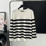 Gucci Sweater Black and White Striped Crew Neck Sweater25ss Spring New Thickened Long Sleeve Pullover Unisex OS Loose Fit Top Versatile Casual Jacket Lazy Style