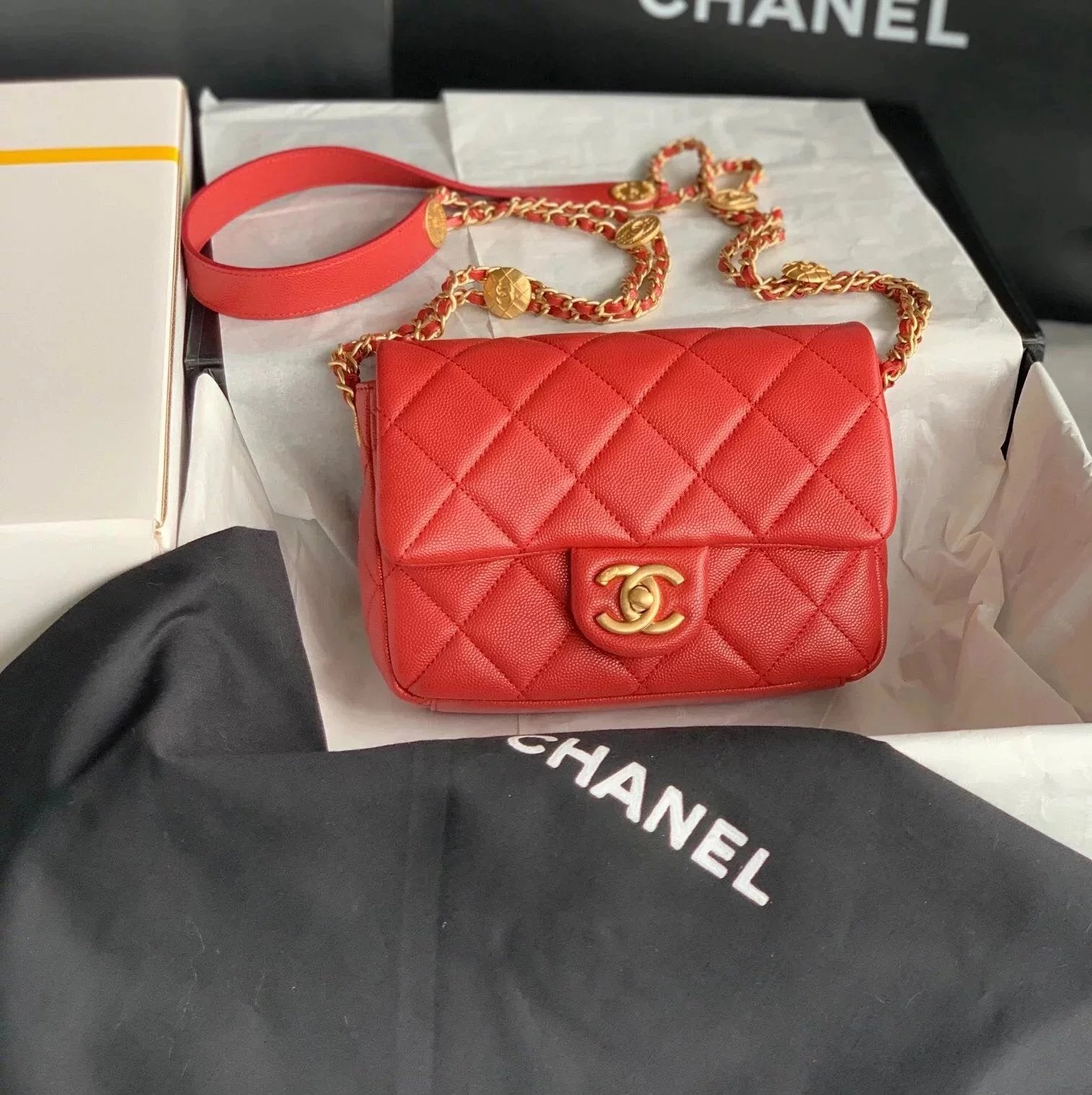 Chanel Women's Bag Top version 【Original Leather】22A New Gold Coin Square Fat Big miniCF Gold Coin Bag Caviar Cowhide Chain Flap Bag Crossbody Bag Shoulder Bag17cm22cm Chain Bag