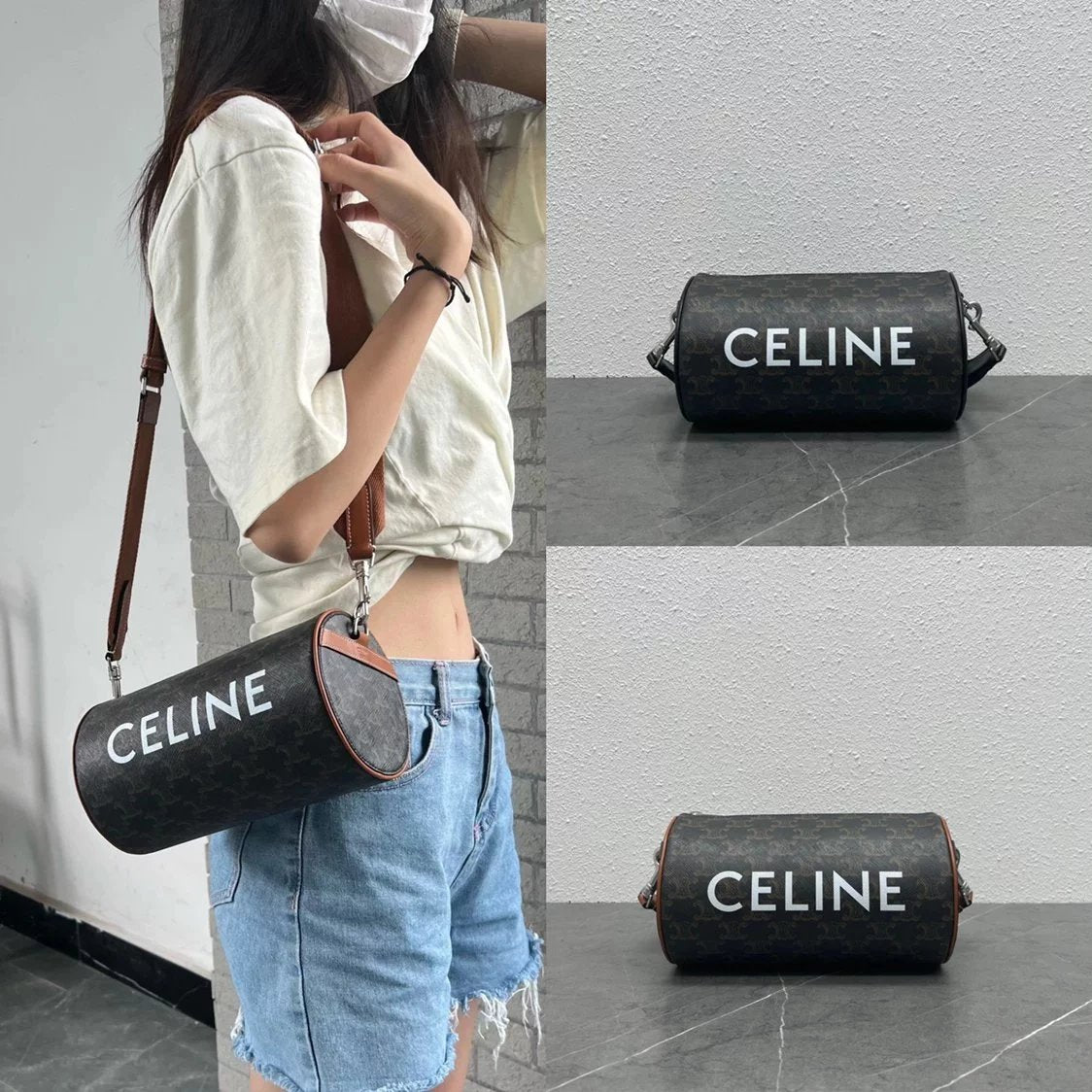 Celine women's bag Top version 【Original Factory】New Pillow Bag Men's and Women's Bags Shoulder Bag Underarm Bag round Bag Drum Bag Classic Retro Patterns Small Messenger Bag round Bag110052
