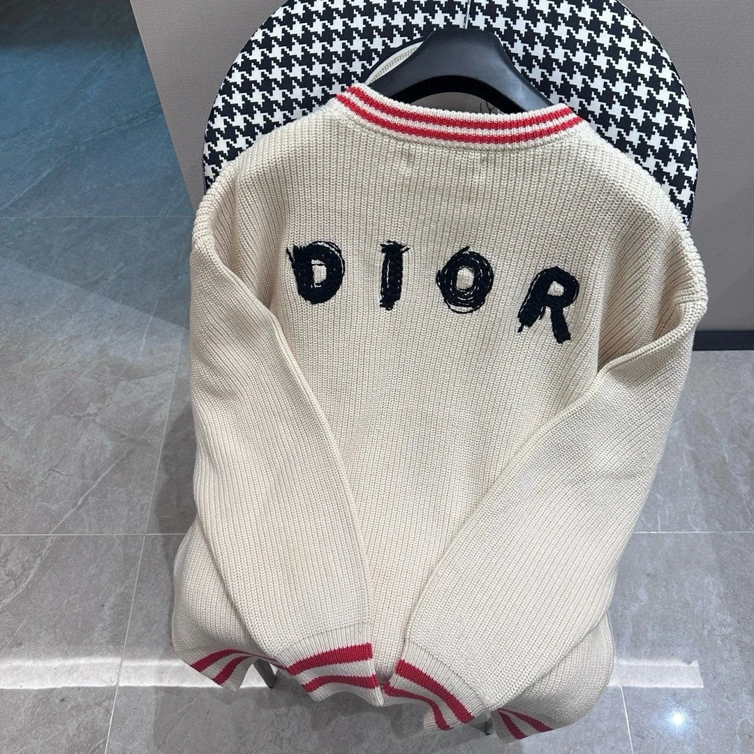 Dior Sweater Little Dinosaur Pattern Knitted Crew Neck Beige Sweater Long Sleeve Pullover Thickened Lazy Style OS Loose Fit Jacket Unisex Same Style Inner Versatile Casual Top