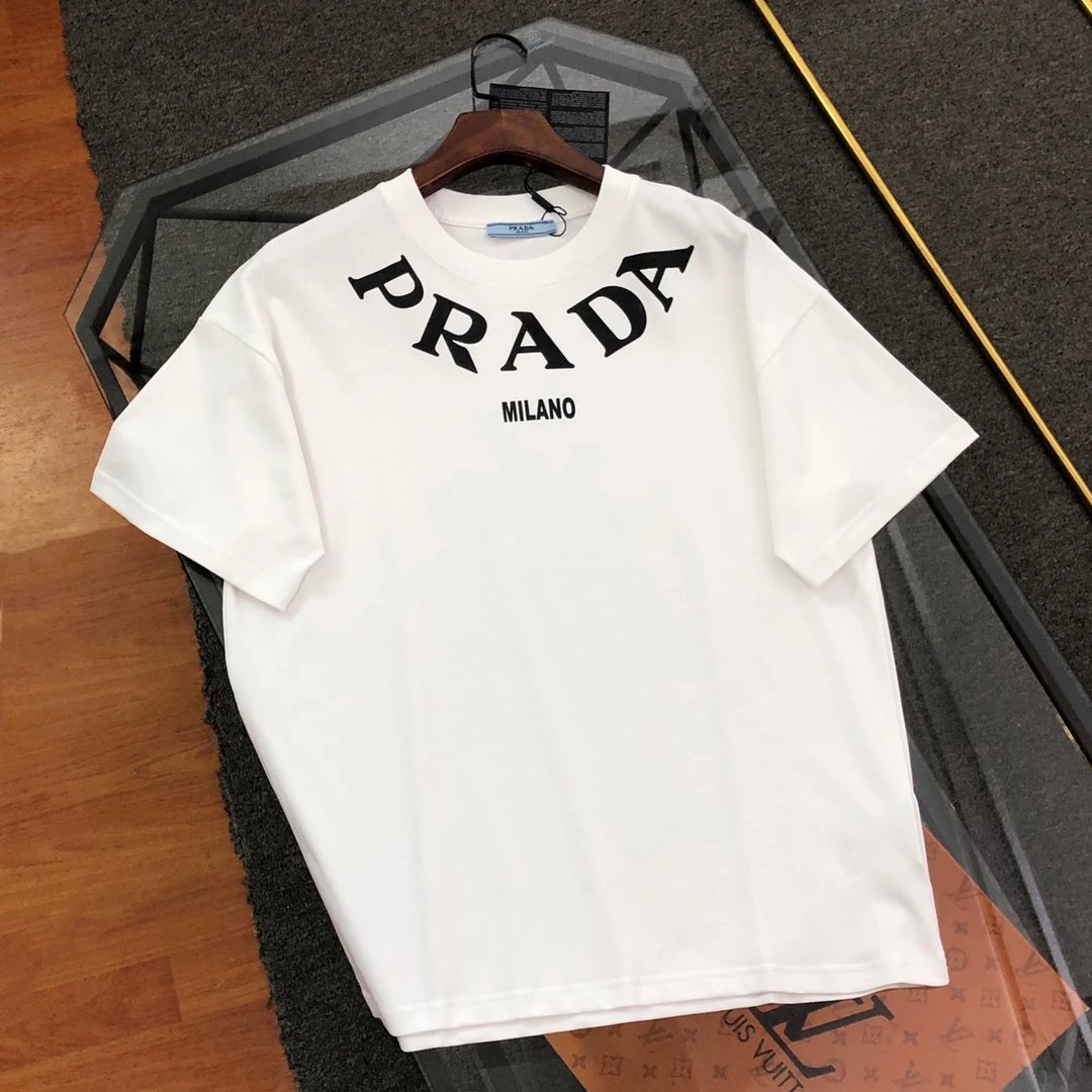 PRADA T-shirt Neckline Printing logo round Neck Short Sleeve25ss New Pure Cotton Unisex Style T Casual T-Shirt Base Layer Shirt OS Loose design