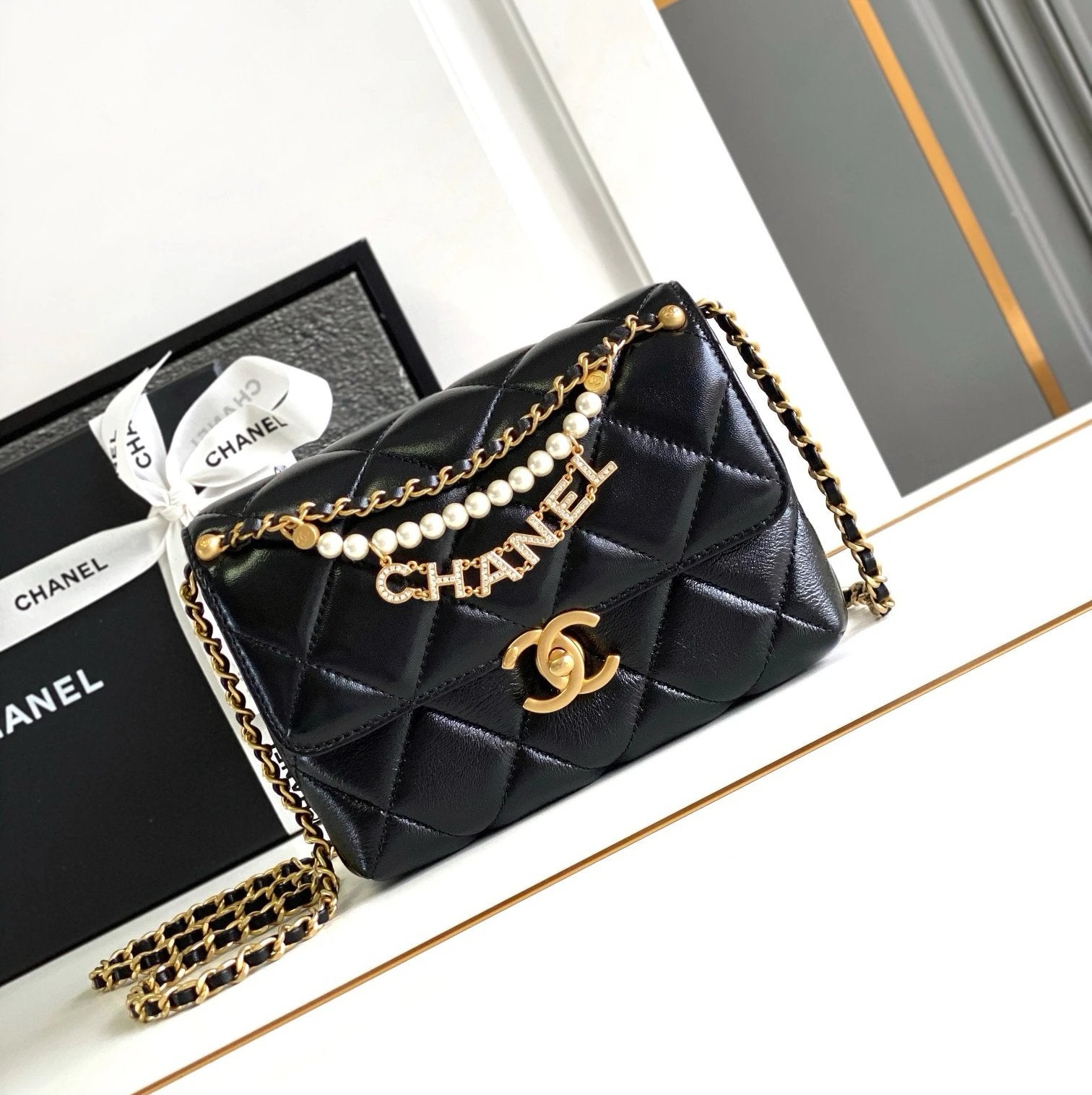 Chanel Women's Bag Top version 【Premium Original Leather】24A Pearl Chain Bag Rhinestone Letters Pendant CF Fang Fat Man Flap Bag24a Pearl Bag Pearl Chain Square Fat Original Lamb Skin Pearl Chain Flap Bag