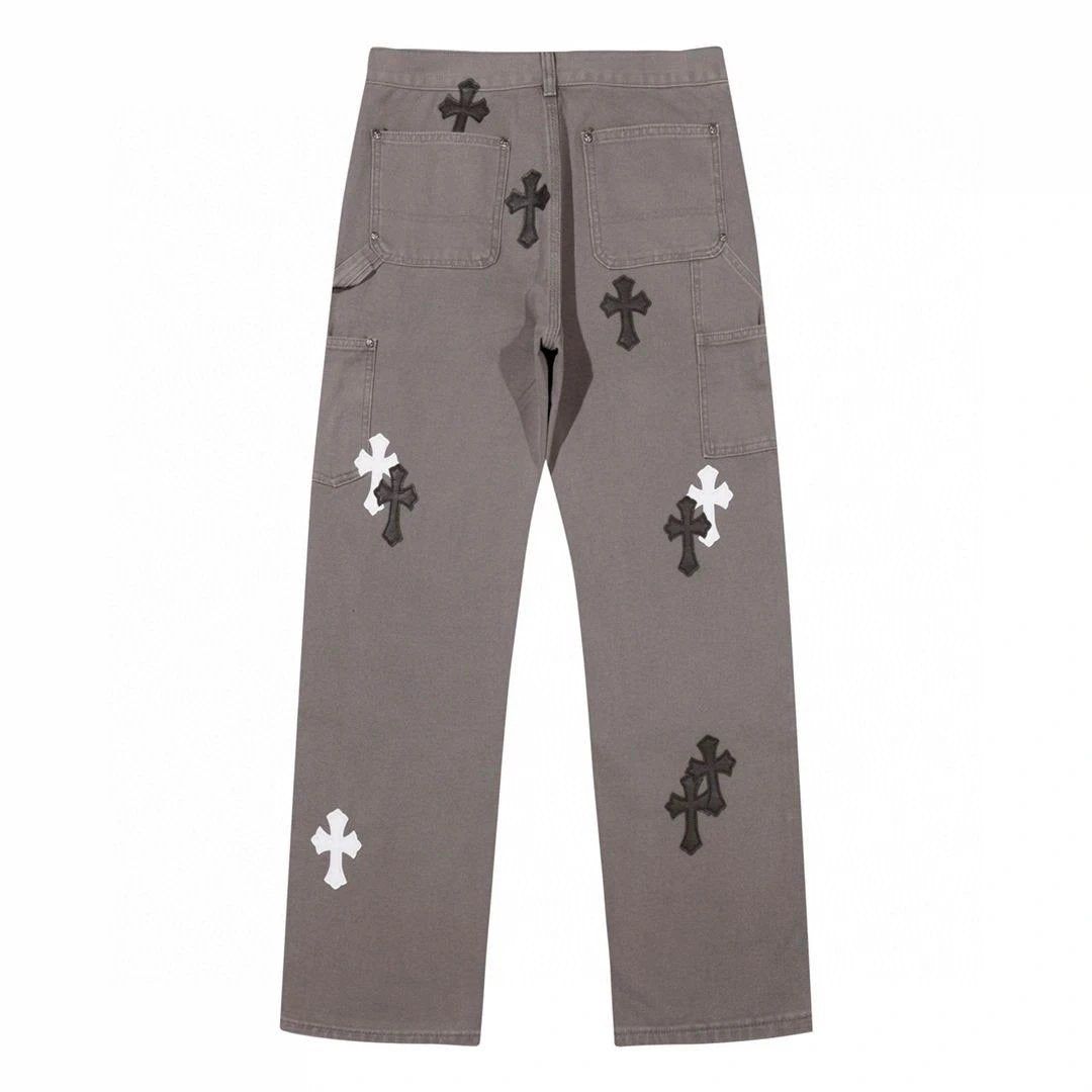 Chrome Hearts Jeans Front and back black and white cross patch embellishment logo25ss Spring Summer New Straight Slim Fit Jeans Unisex Loose Fit Long Pants