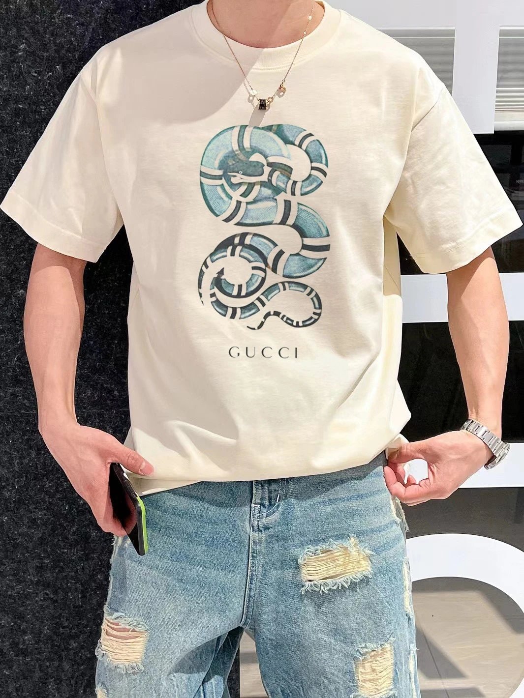 Gucci T-shirt Year of the Snake Limited Edition Front Plate Snake Pattern Print logo round Neck Short Sleeve25ss New Pure Cotton Half-Sleeve Top Unisex T Casual T-Shirt Base Layer Shirt OS Loose design