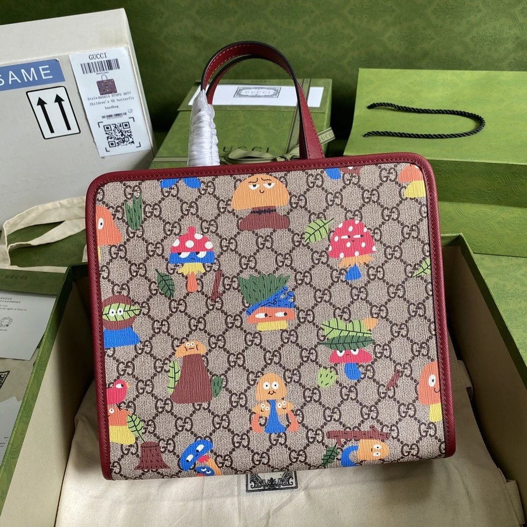 Gucci Women's Bag Top version 【**Version】2023New Children's Printing Series Tote Bag Pink Jason Pattern2024New Children's Bags Tote Package Vegetable Basket Bag605614New Sausage Dog Bichon LADYBIRD