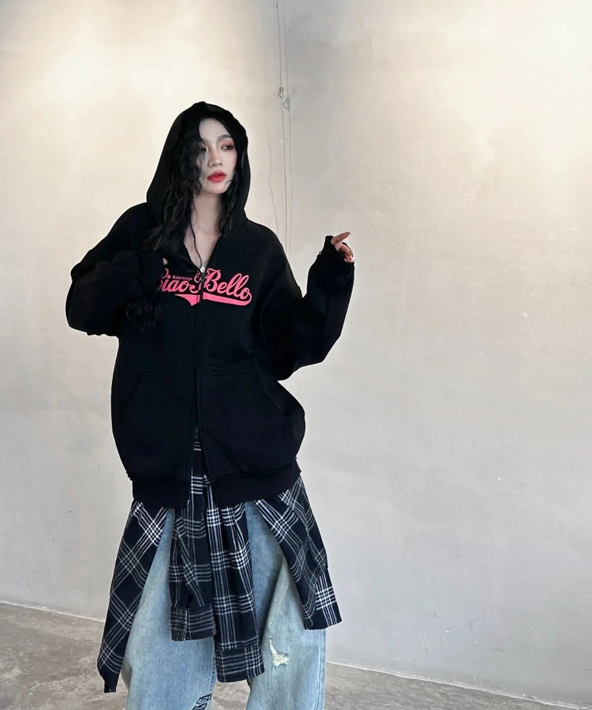 Balenciaga Hoodie Top version24ssCiaoBello Printed Vintage Distressed Zip-Up Hoodie Sweatshirt Jacket Unisex Sports Casual OS Loose fit versatile style