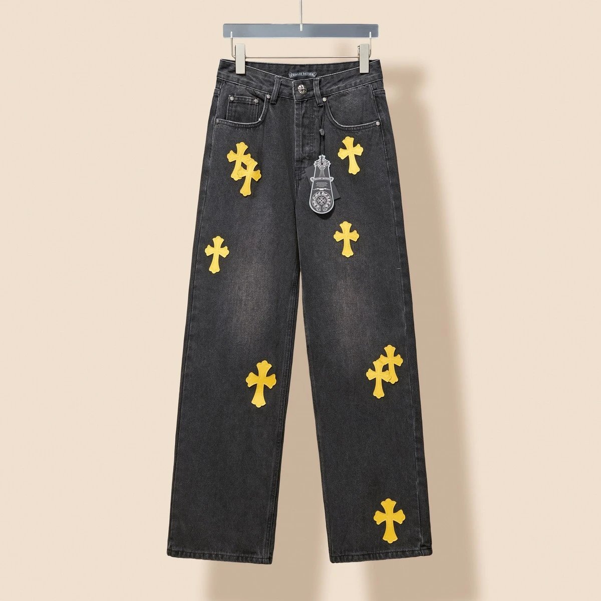 Chrome Hearts Jeans 24Classic Blue Yellow Leather Cross Denim Pants Retro Blue Unisex Couple Style Casual Versatile
