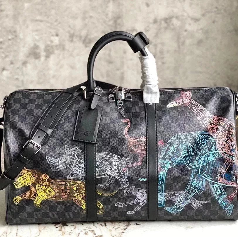 Louis Vuitton LV Travel Bag Top version 【Original Leather】N452812022New Black Checkerboard Animal Print keepal50Men's Travel Bag Portable Travel Bag