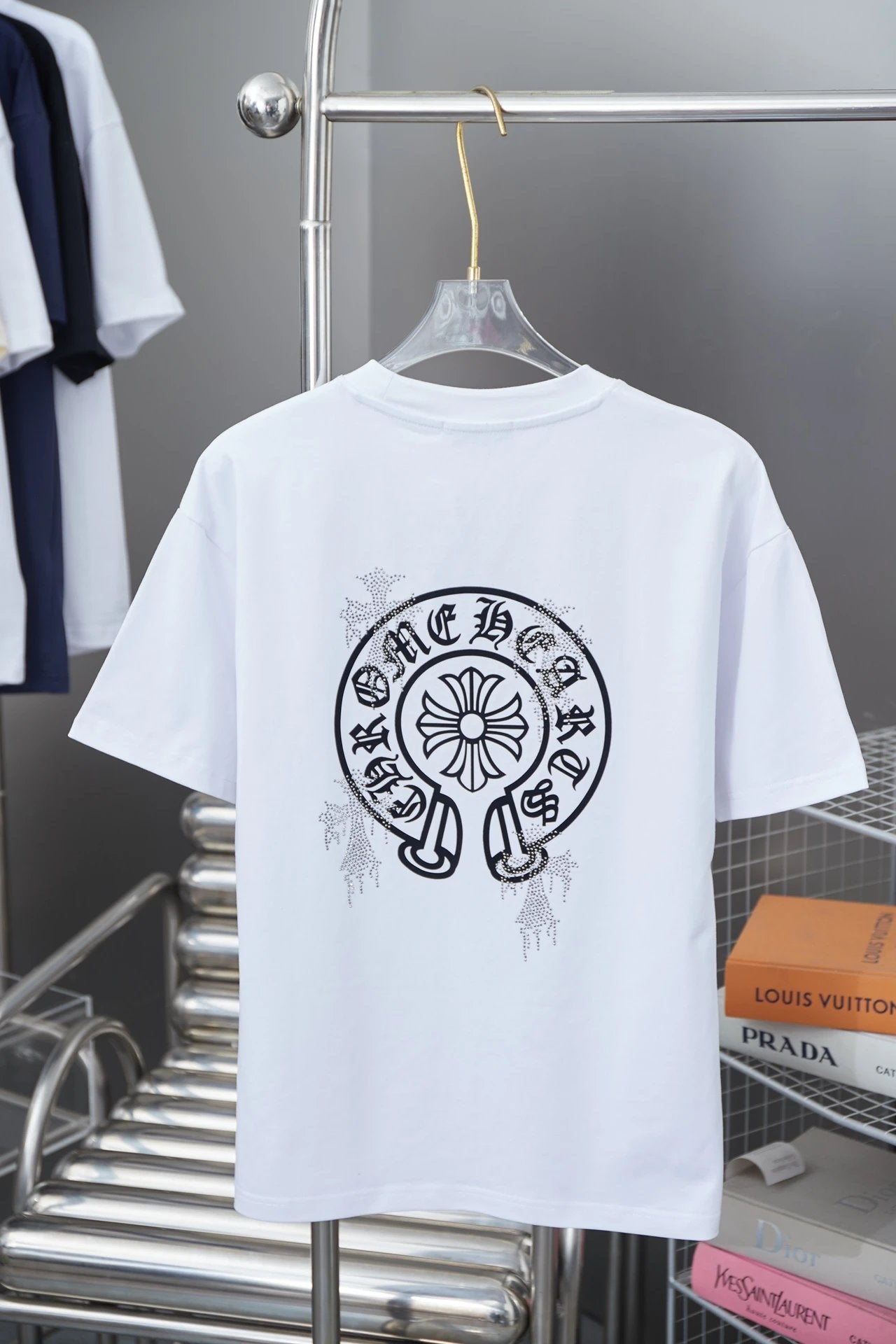 Chrome Hearts T-shirt Early Spring New Style Horseshoe Flocking Print Rhinestone Round Neck Short Sleeve Pure Cotton Unisex T T-shirt OS Loose Fit Base Shirt Short Sleeve Top T-Shirt