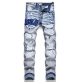 Amiri Jeans New Foreign Trade Style Fashion Blue with Holes Paste Cloth Embroidery Elastic Mid-Waist Feet Men's Jeans