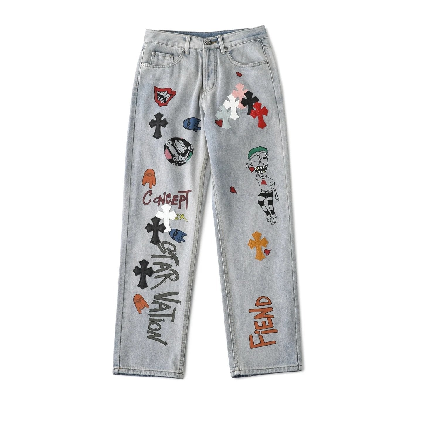 Chrome Hearts Jeans Faux Leather Graffiti Print logo25ss Spring Summer New Straight Loose Jeans Unisex Slim Fit Long Pants