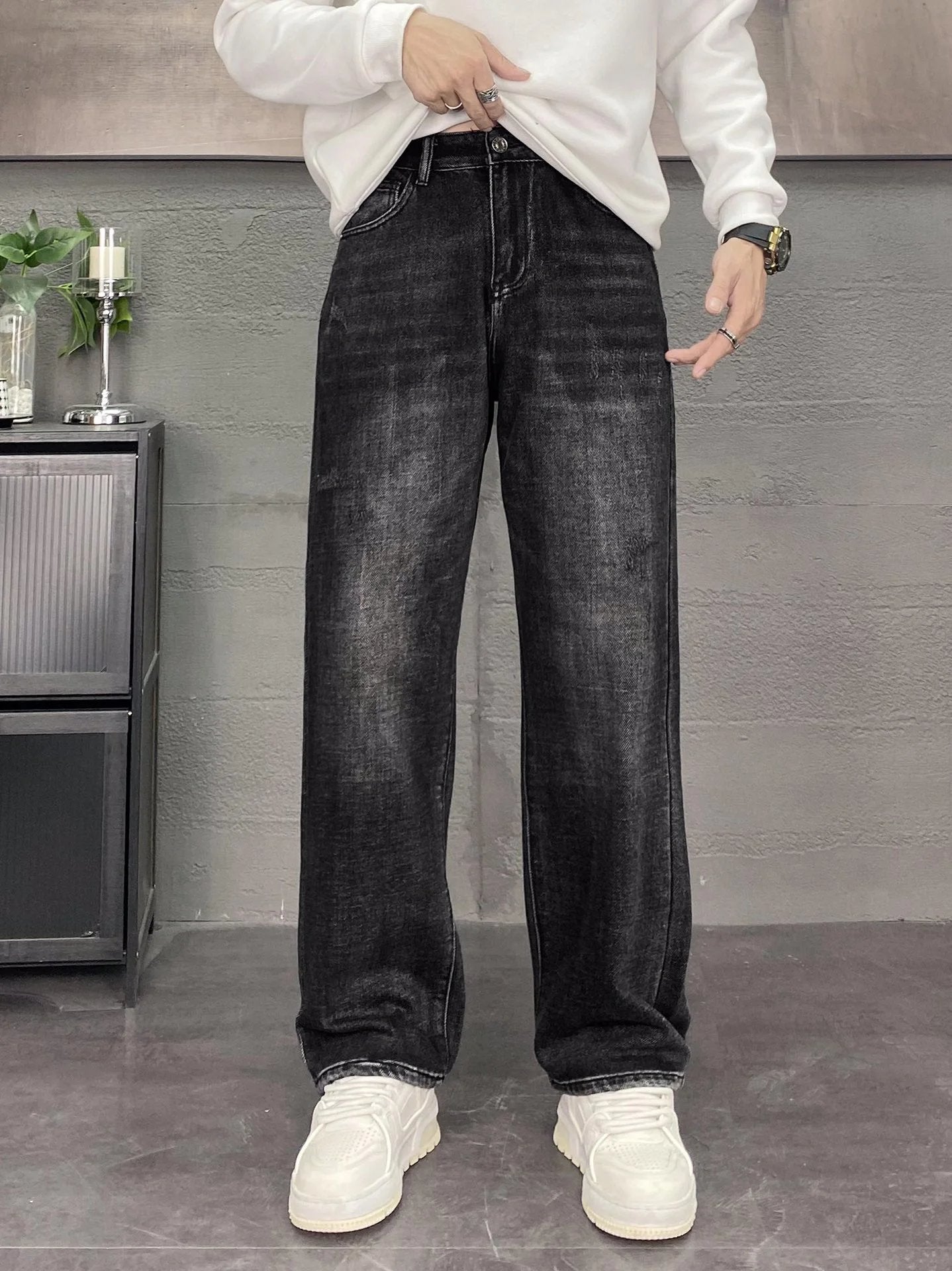 Gucci Jeans Back Waist Leather Tag logo Straight Washed Blue Jeans Autumn Winter New Unisex Loose Casual Wide Leg High Waist Pants