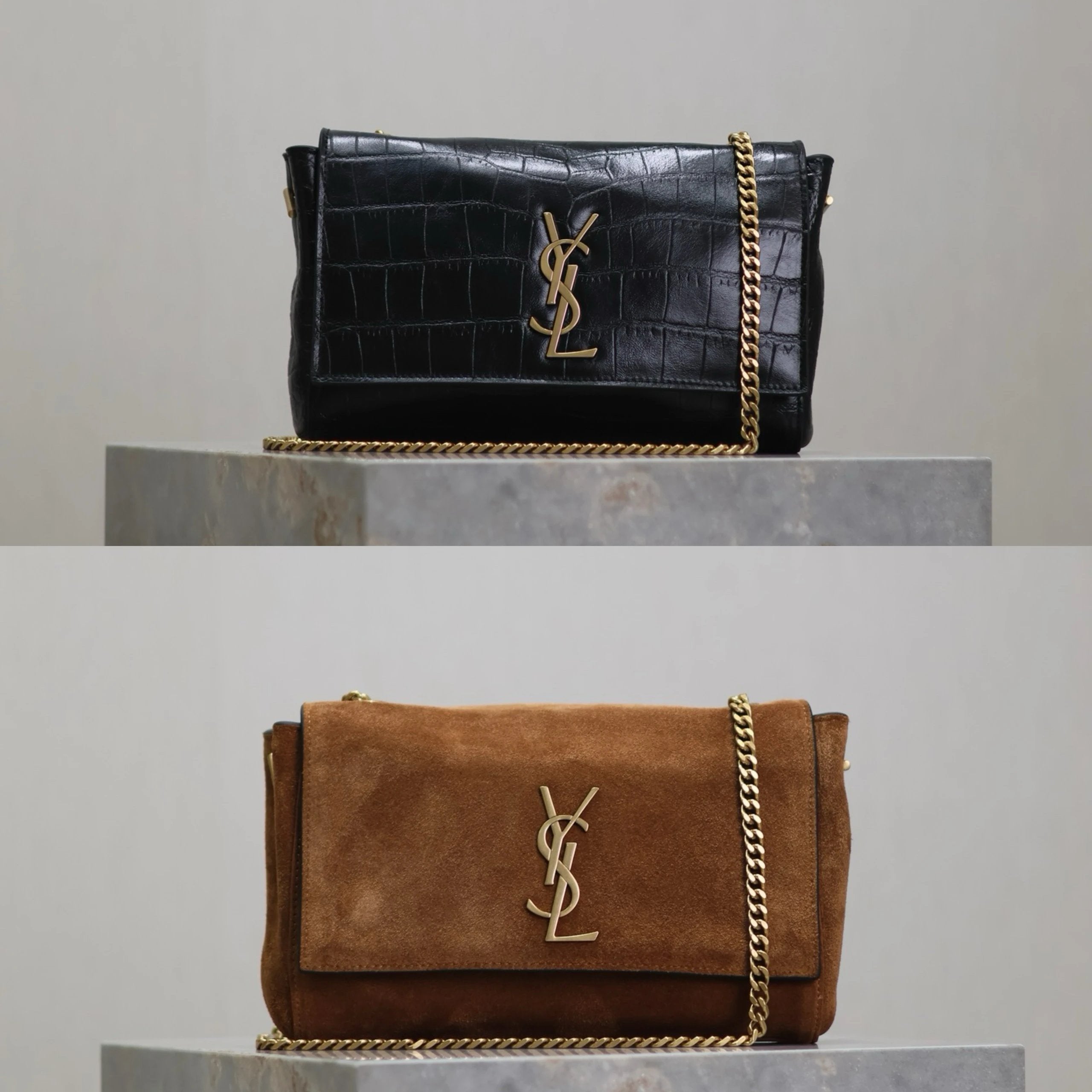 YSL Women's Bag Top version 【Super Original Leather】2023Autumn and Winter New Kate Double Bread Crocodile Grain Cowhide with Suede Double Bread Suede Rabbit Fur Bag Furry and Soft Niki Series Shoulder Back Oblique Lower Bag Messenger Bag Yang Shulin New D