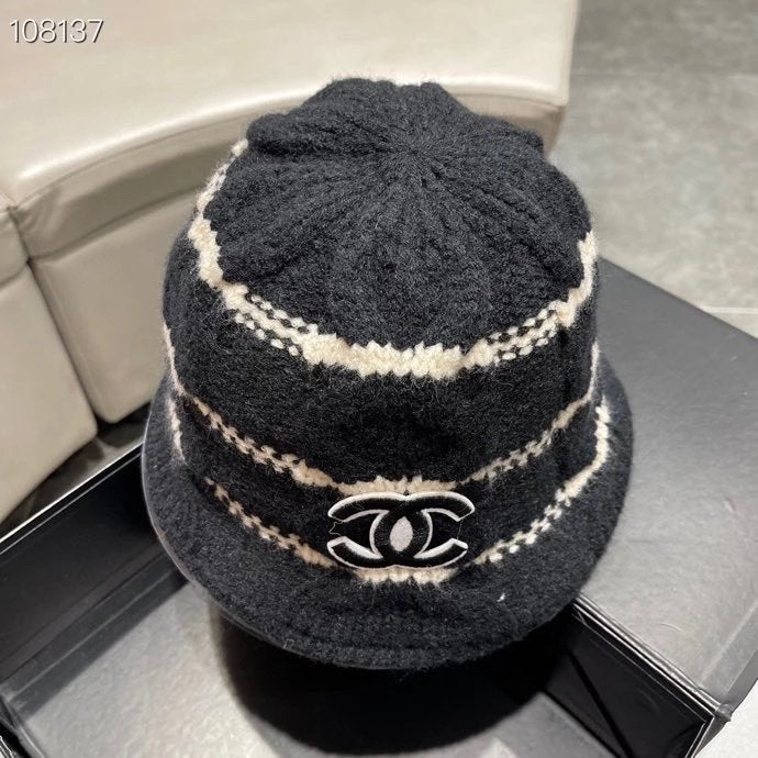 Chanel Hat Two-Color Knitted Fisherman Hat Women's Autumn and Winter Face Big Suitable Hat Face Small Bucket Hat All-Matching Basin Hat